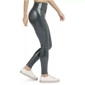 SPANX Womens SP Leggings Faux Patent Leather Liquid Gloss Deep Green High Rise